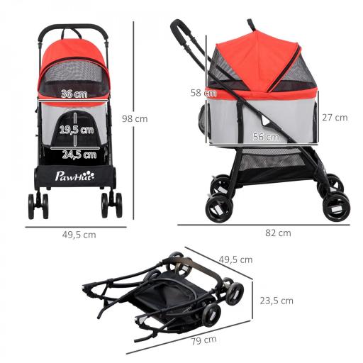 Carrito para Perros Pequeños 3 en 1 con Vagón Desmontable Cesta de Almacenaje Correas de Seguridad y Cojín Rojo [1]