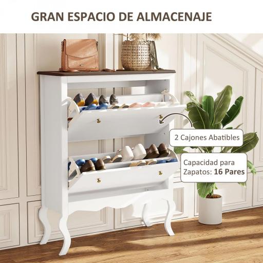 Zapatero Estrecho con 2 Cajones Abatibles Estantes Ajustables para 16 Pares de Zapatos 84x29x109 cm Blanco [2]