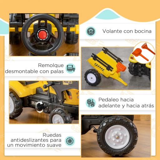 Tractor a Pedales para Niños de 3 Años Excavadora Infantil con Remolque Extraíble y Pala Delantera 167x41x52 cm Amarillo [4]
