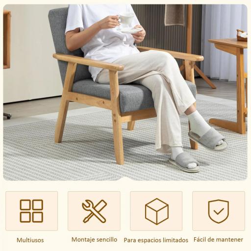 Butaca de Salón Tapizada en Lino con Reposabrazos y Marco de Madera de Caucho Carga 130 kg Gris Claro [6]