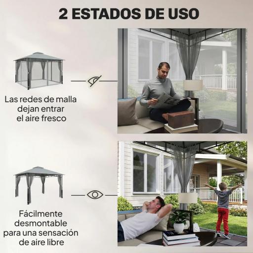 Carpa para Jardín con Techo Doble Cenador con Paredes de Malla UPF50+ para Exterior Terraza 360x300x275 cm Gris [5]
