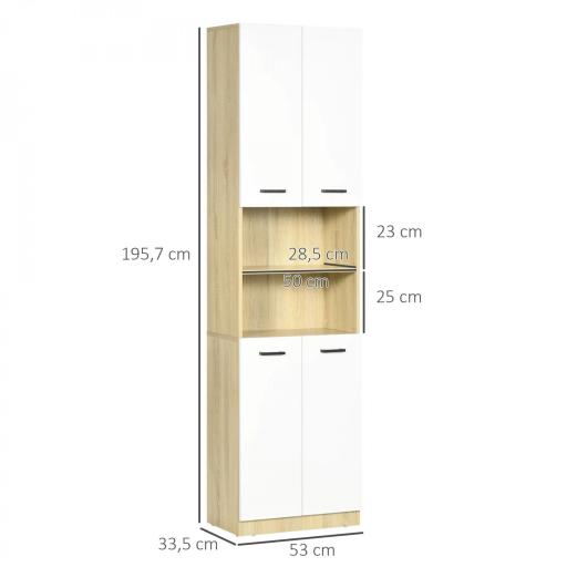 Armario Alto de Baño con 4 Puertas 2 Estantes Abiertos y Estantes Ajustables 53x33,5x195,7 cm Blanco y Roble [1]