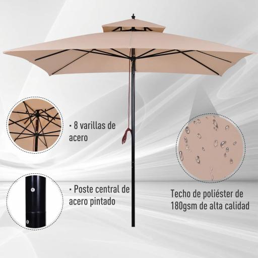 Parasol de Jardín de Metal 3x3x3 m con Doble Techo Impermeable y Manivela para Terraza Balcón Exterior Beige [2]