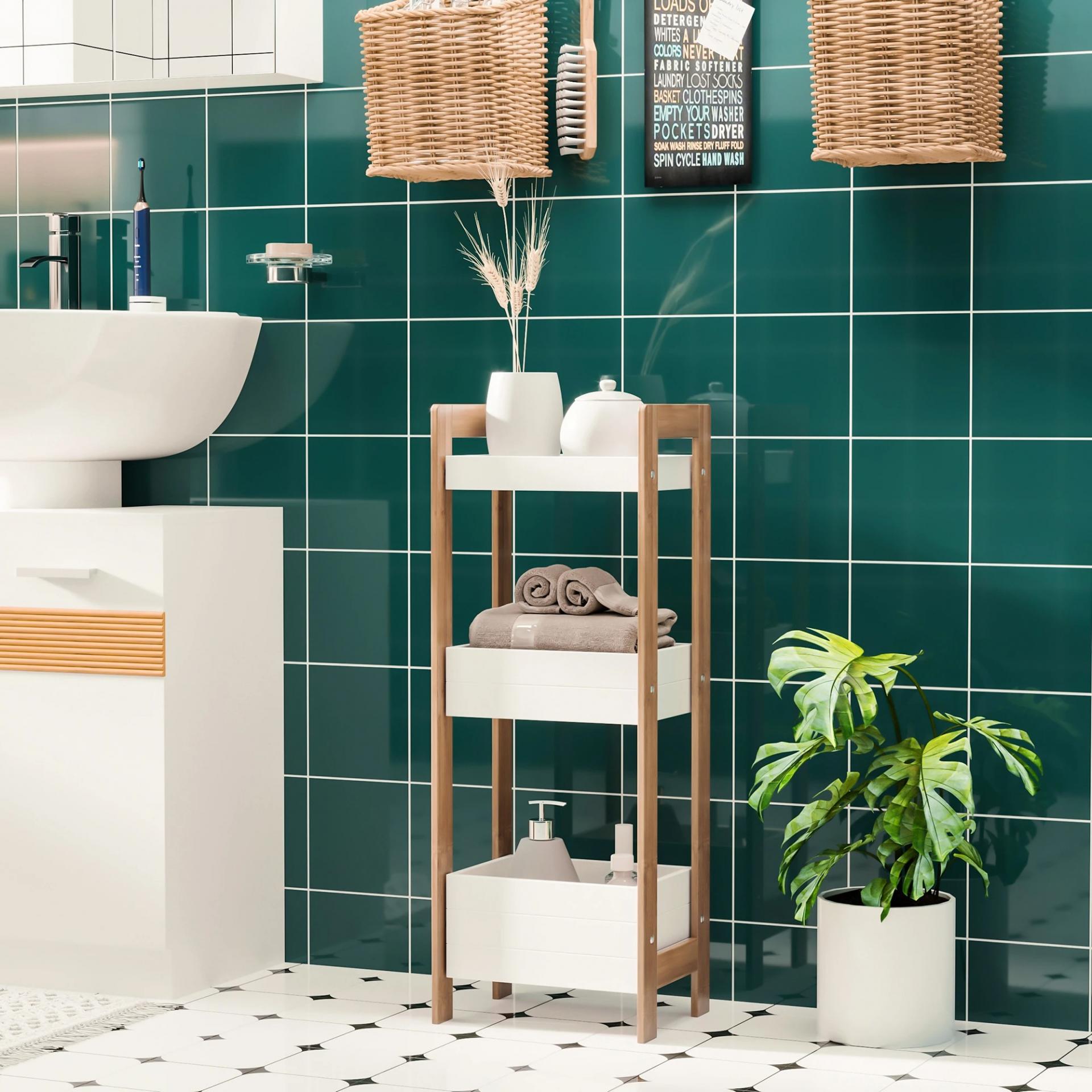 Estantería de Baño con 3 Estantes Organizador de Almacenaje Bambú para Cocina Sala de Estar Lavadero 27,5x20,8x74 cm Color Blanco y Natural