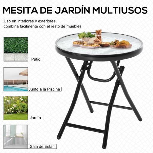 Mesa de Vidrio Redonda Plegable Mesa de Jardín con Hebilla de Seguridad Borde Cubierto de Metal Patio Interior y Exterior Ø45x50 cm Negro [4]