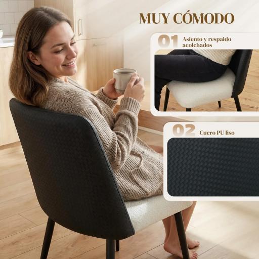 Juego de 2 Sillas de Cocina con Respaldo de PU de Imitación Ratán Patas de Acero y Asiento Acolchado Negro y Beige [4]