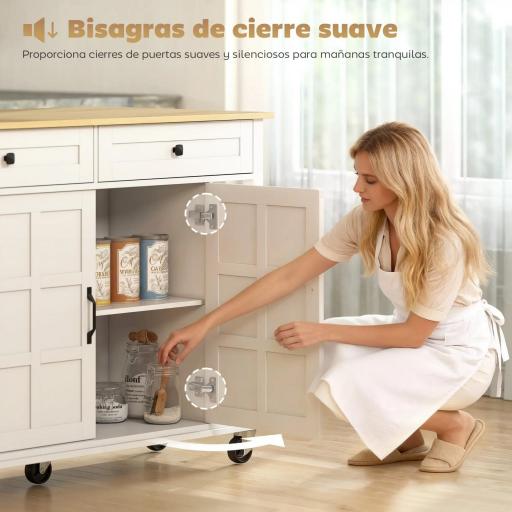 Isla de Cocina con Ruedas Encimera Plegable 2 Puertas con Cierre Suave 2 Cajones 6 Estantes Abiertos Blanco [6]