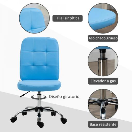 Silla de Oficina sin Brazos Silla de Escritorio Giratorio de Piel Sintética con Altura Ajustable 45x59x90-100 cm Azul [3]