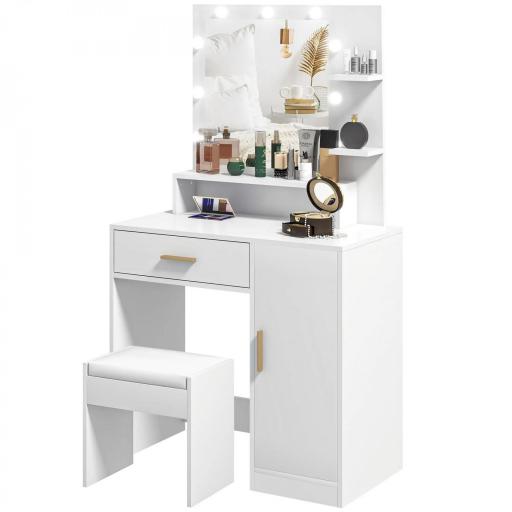 Tocador de Maquillaje con Taburete Espejo LED Cajones Estante Ajustable y Estantes Abiertos para Dormitorio Blanco [8]