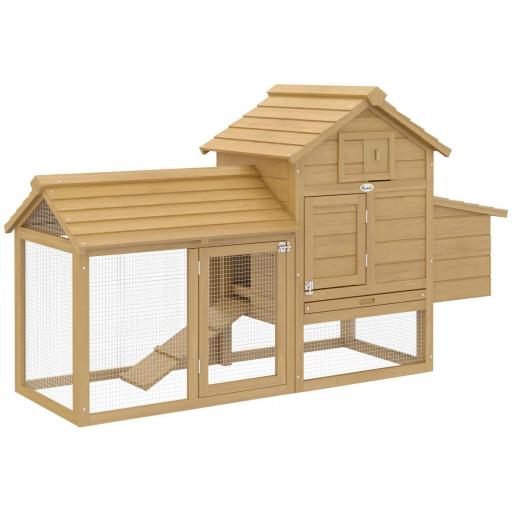 Gallinero de Madera para Exterior Jaula para 2-3 Gallineras con 2 Corrales de Alambre Techo Abrible Caja Nido Bandeja Extraíble y Rampa 150,5x54x87 cm Natural [8]