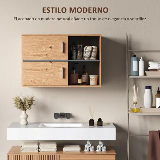 Armario de Baño de Pared con Compartimentos Abiertos y 2 Puertas Mueble de Baño Moderno 80x35x57,5 cm Natural [5]