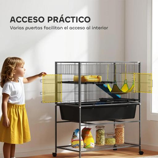 Jaula para Animales Pequeños de 3 Niveles con Rampas Antideslizantes Puertas Amplias y Ruedas con Freno 88x48x102cm Gris [5]