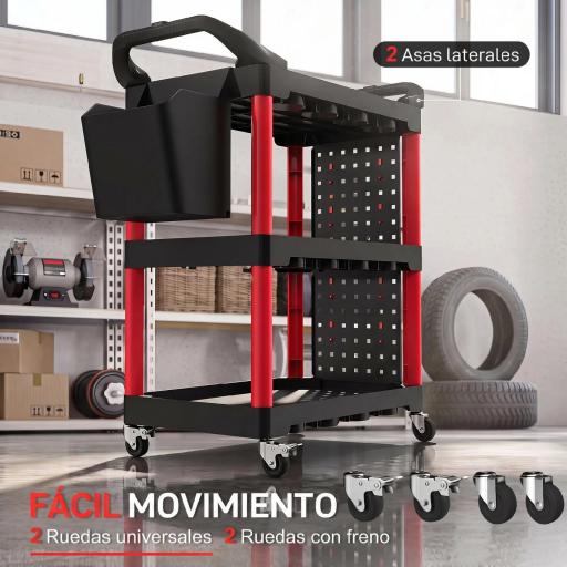 Carro de Herramientas de 3 Niveles con Paneles Perforados Asa Lateral Ganchos Cubeta Negro y Rojo [14]