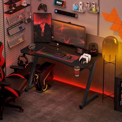 Mesa Gaming 120x65x74,5 cm Escritorio Ergonómico Gaming desk para Computadora PC con Portavasos Gancho para Auriculares y Pies Ajustables Efecto de Fibra de Carbono Negro