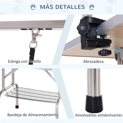 Mesa de Peluquería Canina Plegable, Mesa de Aseo con Cesta de Rejilla Metálica, Encimera Antideslizante, Barra de Acero Inoxidable Ajustable, para Perros, Gatos, 107x60x164 cm, Azul [5]