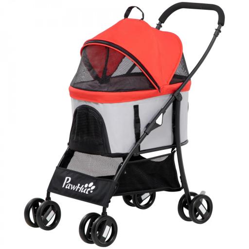 Carrito para Perros Pequeños 3 en 1 con Vagón Desmontable Cesta de Almacenaje Correas de Seguridad y Cojín Rojo [9]