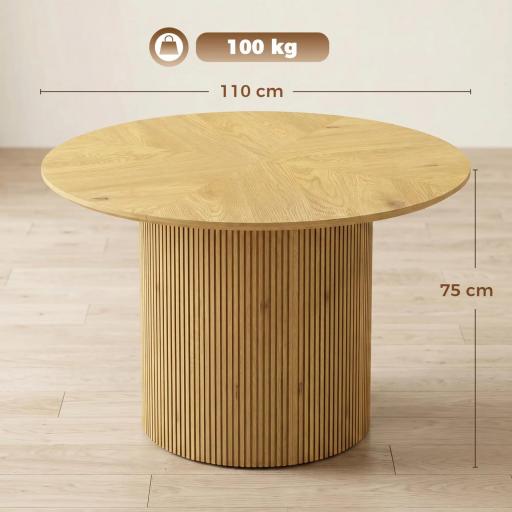 Mesa de Comedor Redonda Moderna para 4-6 Personas Mesa de Cocina de 110 cm con Base Cilíndrica Acanalada Roble [1]