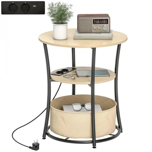 Mesa Auxiliar Redonda de 3 Niveles con Estación de Carga 3 Estantes y Bolsa para Salón Dormitorio Ø50x55,1 cm Natural [8]