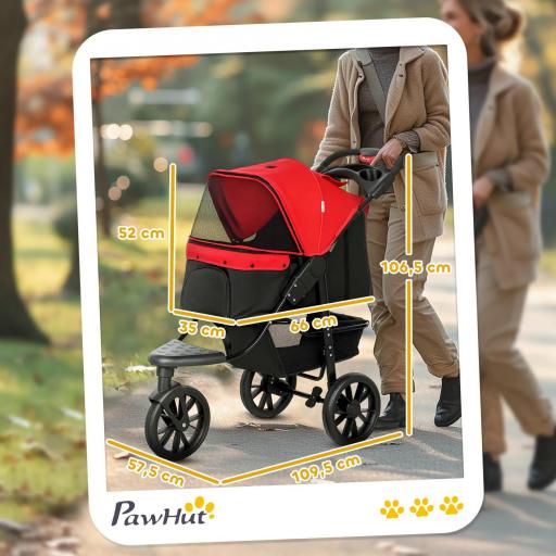 Carrito para Perros con 3 Ruedas Ventanas de Malla Cesta de Almacenaje y Correas de Seguridad 109,5x57,5x106,5 cm Rojo [6]
