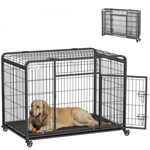 Jaula para Perros Plegable de Metal Jaula para Perros Grandes 109,5x71x78 cm con Ruedas y Frenos Bandeja Extraíble y Puerta con Pestillos para Golden Retriver Labrador Gris Oscuro [7]