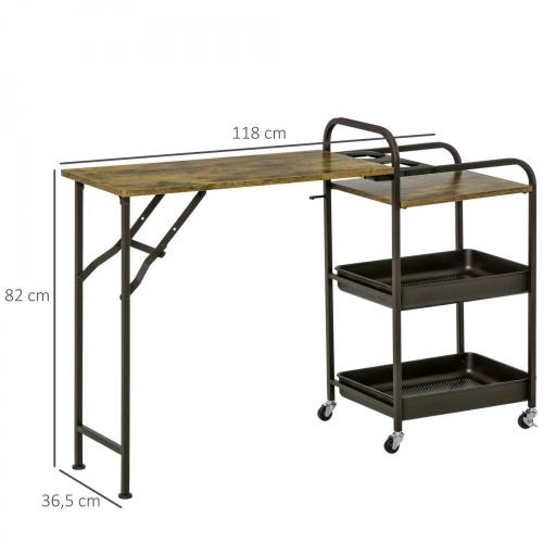 Carro de Cocina con Ruedas Carrito Auxiliar con Estantes de 3 Niveles Hoja Abatible y 2 Portavasos Multiusos para Comedor 118x36,5x82 cm Marrón Rústico [1]