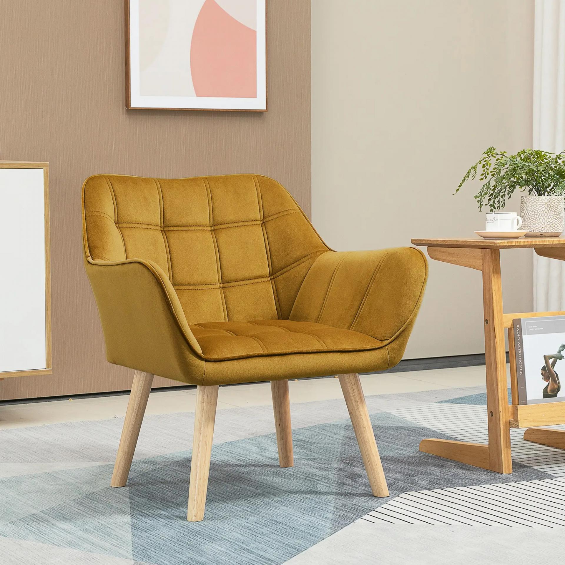 Butaca de Salón Moderna Tapizado en Terciopelo con Asiento Ancho Patas de Madera para Sala de Estar Amarillo