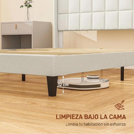 Cama 135x190 cm con Almacenaje Inferior Tapizada y Cabecero Acolchado con Orejas Beige [1]