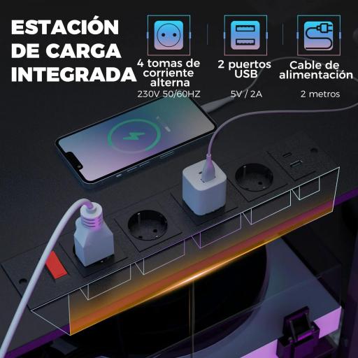 Mesa Gaming Doble de 244 cm con Estación de Carga Puertos USB Soportes para Monitor Cajones de Tela Negro [5]