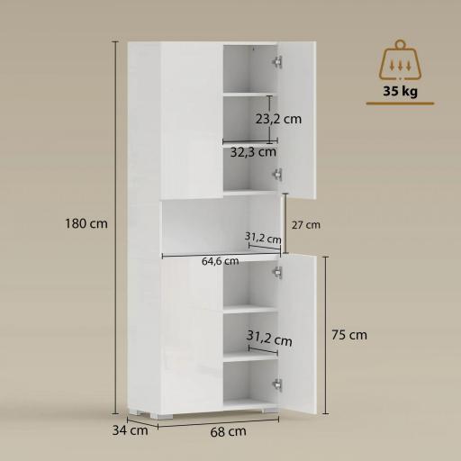 Alacena de Cocina con 4 Puertas Compartimento Abierto Estantes Ajustables 68x34x180 cm Blanco Brillo [1]