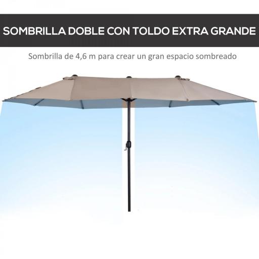Sombrilla Doble para Jardín 455x265x238 cm Parasol Grande con Manivela Manual Protección Solar Color Café [3]