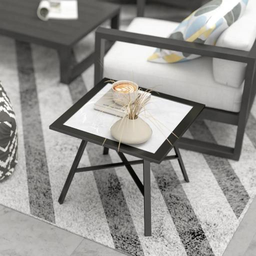 Mesa Auxiliar de Jardín con Encimera de Aspecto Piedra Gris y Estructura Negra 55x55x46 cm Mesita de Exterior Compacta [7]