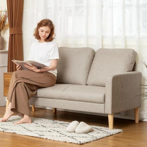 Sofá de 2 Plazas Tapizado en Microfibra con Patas de Madera Reposabrazos 130x78x85 cm Crema [3]