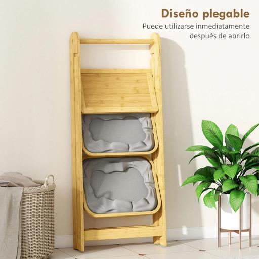Estantería para Baño Plegable de Bambú con 2 Cestos para Ropa Sucia Estante Abierto Gris [7]