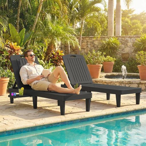 Conjunto de 2 Tumbonas Reclinables de Plástico PP con Bandeja Lateral Respaldo Ajustable 5 Niveles 192x57x28,5 cm Negro [7]