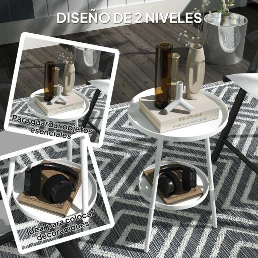 Mesa de Jardín Redonda de 2 Niveles con Bordes Elevados Bandeja Inferior para Exterior e Interior Ø32x51 cm Blanco [5]