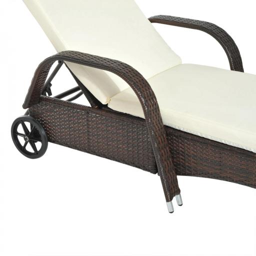 Tumbona de Ratán de Jardín Chaise Longue con Respaldo Ajustable en 5 Posiciones Cojines Acolchados Reposacabezas y 2 Ruedas Carga 160 kg 200x73x30-103 cm Crema y Marrón [7]