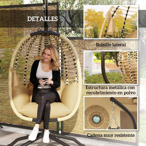 Silla Colgante con Soporte Cesta Plegable Cojín y Reposacabezas para Interior y Exterior Carga 120 kg Beige [4]