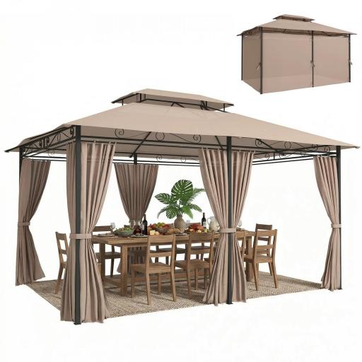 Cenador para Jardín 3x4 m Pabellón de Jardín Gazebo con Doble Techo 6 Paredes Laterales Estructura Metálica Caqui [8]