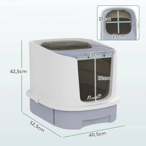 Arenero Cerrado para Gatos con Entrada Frontal Salida Superior Bandeja Extraíble y Pala 40,5x52,5x42,5 cm Blanco y Gris [1]