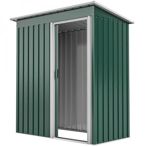 Cobertizo de Jardín Exterior 1,16 m² 163x89x182 cm Caseta Metálica con Puerta Corredera y Techo Inclinado Verde [8]