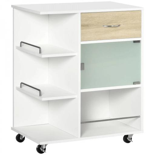 Carrito de Cocina Verdulero con 1 Cajón Puerta de Vidrio y Estantes Carro Auxiliar con Ruedas 65x39x80 cm Natural [5]