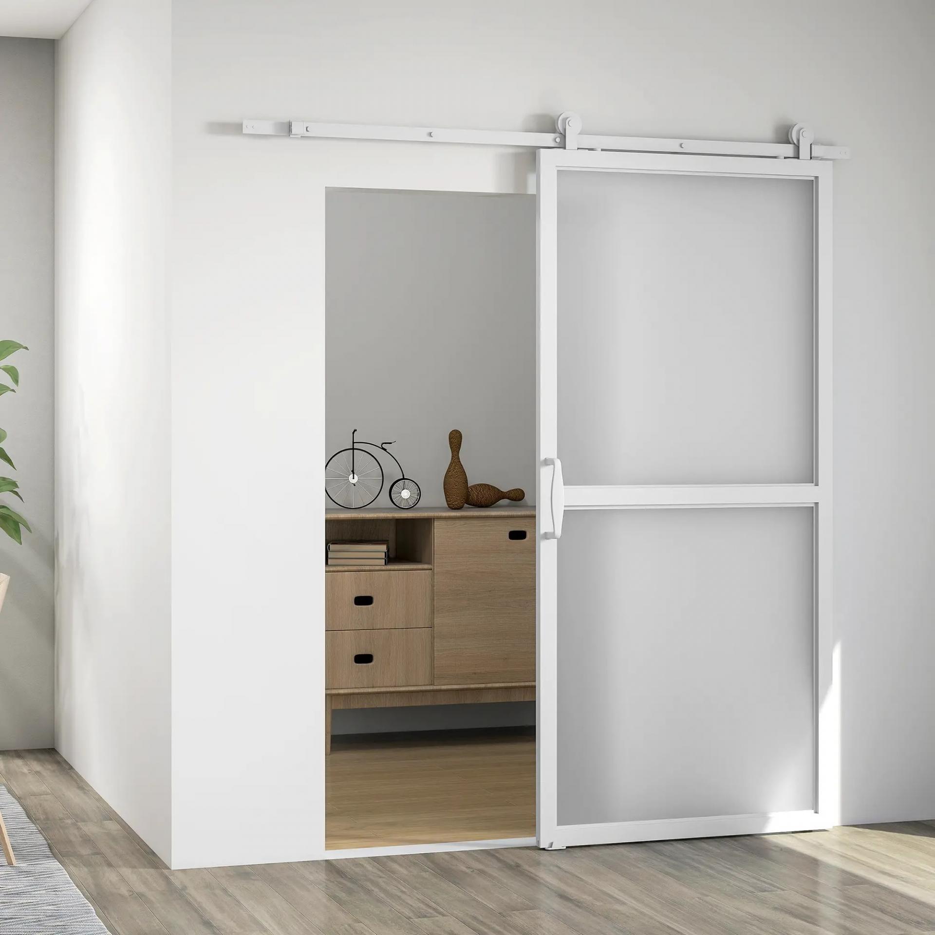 Herrajes para Puertas Correderas 200 cm Kit de Accesorios para Puerta Corredera con 2 Rieles y Guía Blanco