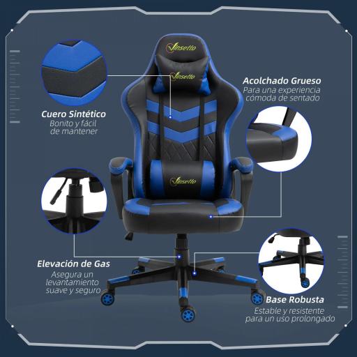 Silla Gaming Altura Regulable Basculante con Reposacabezas Cojín Lumbar 61x70x121-129 cm Azul [4]