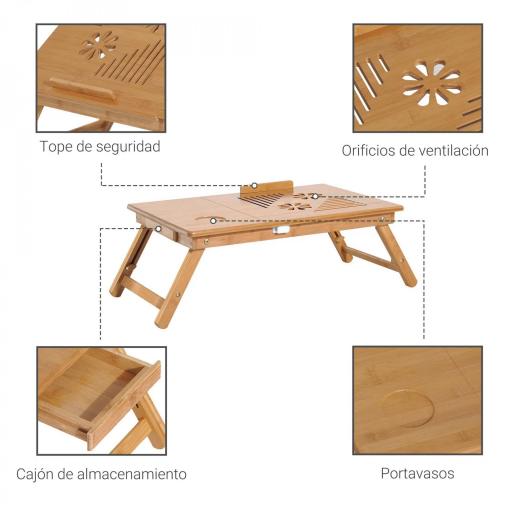 Mesa Plegable de Bambú, Mesa de Ordenador Portátil, para Cama y Sofá, Altura Ajustable, Cajón, Patas Plegables, para Leer, Escribir, Comer, Trabajar, Natural [4]