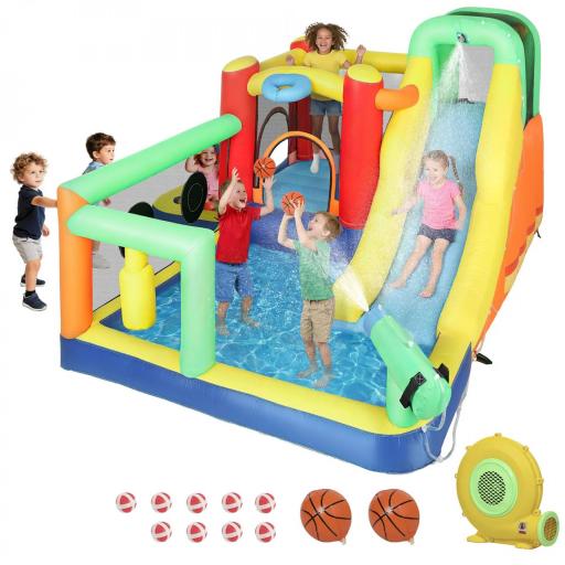 Castillo Hinchable Acuático con Soplador 550W 9 en 1 con Tobogán Trampolín Escalada 2 Piscinas Canasta Columna de Boxeo [10]