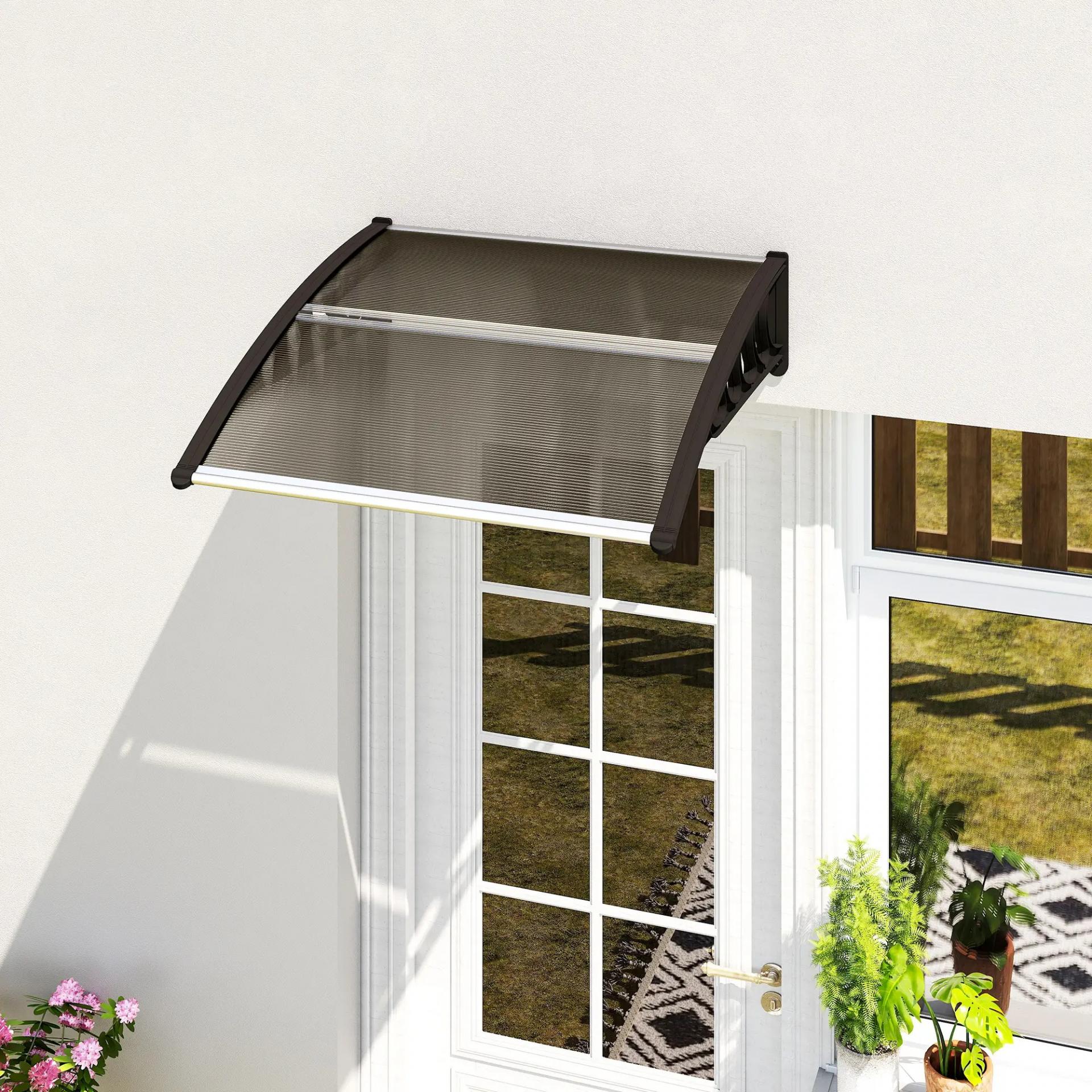 Marquesinas Exterior para Puertas y Ventanas, 103x96,5 cm, Tejadillo de Protección contra Sol y Lluvia, con Cubierta de Policarbonato, Soportes de PP y Regleta de Aluminio, Marrón