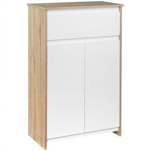 Armario de Baño con 1 Cajón y 2 Puertas Mueble Auxiliar de Estilo Moderno 60x30x90 cm Blanco y Natural [9]