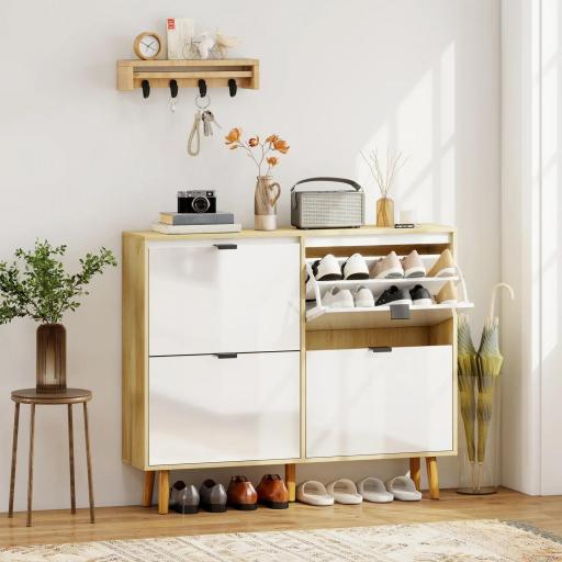 Zapatero Estrecho con 4 Puertas en Blanco Brillo Estantes Ajustables Patas de Madera para 20 Pares de Zapatos