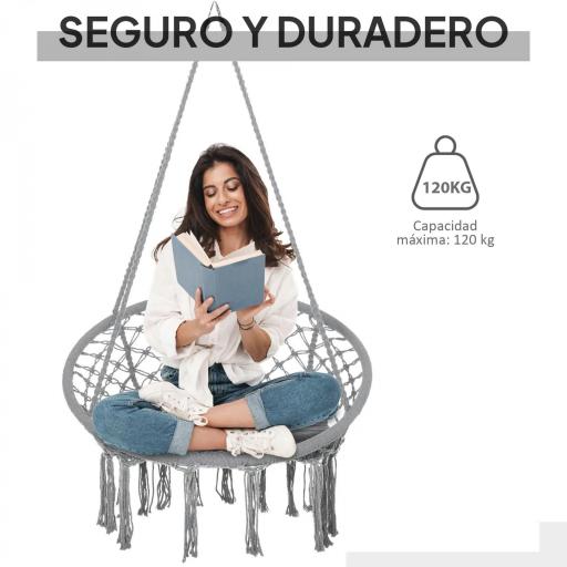 Silla Colgante Redondo de Ø60 cm Silla Hamaca Columpio con Cojín y Cuerda de Algodón para Interior y Exterior Carga 120 kg 80x80x42 cm Gris [3]