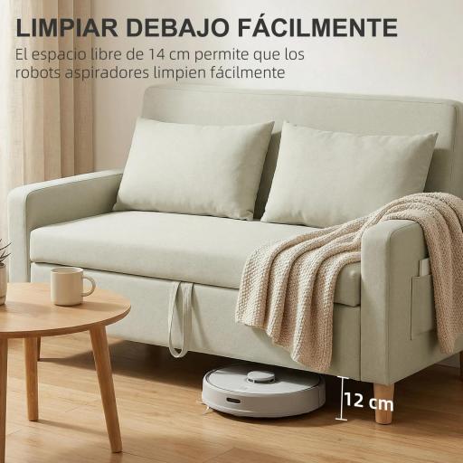 Sofá de 2 Plazas Tapizado en Lino Sintético con Espacio de Almacenaje 2 Almohadas y Patas de Madera 135x71x84 cm Beige [6]